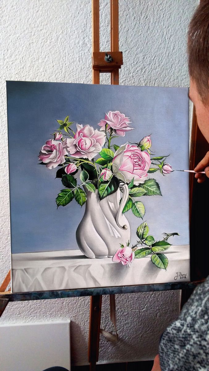 STILL LIFE WITH PINK ROSES , ORIGINAL OIL ON CANVAS PAINTING FINE ART by Josip Barac
