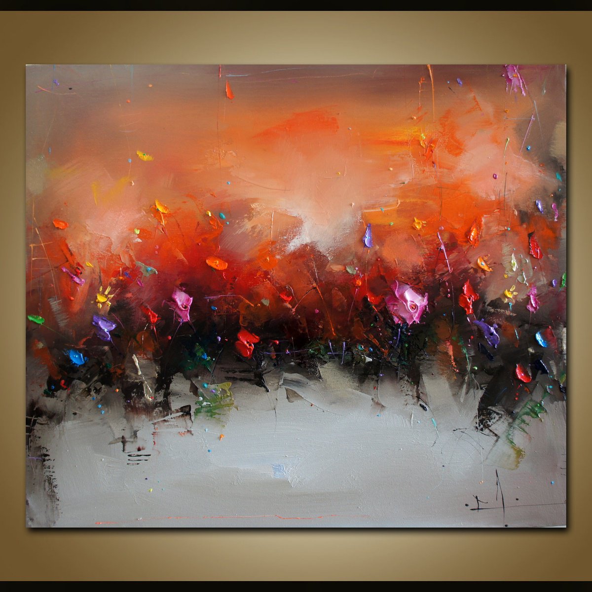 Abstract Botanical Oil Painting By Stanislav Lazarov, 28 X 24", Fields, Original Artwork