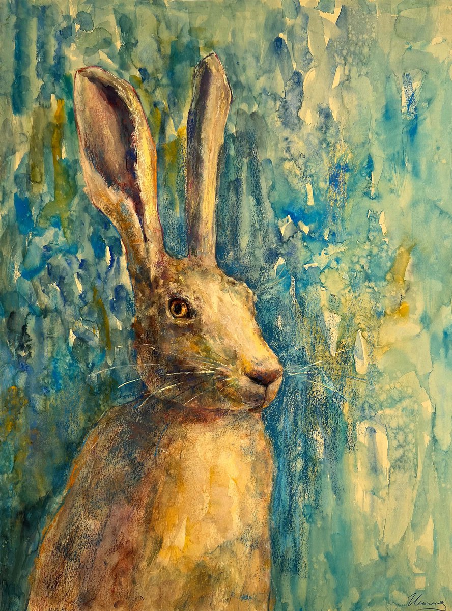 HARE- Pastel and watercolor drawing on paper, original gift, rabbit, animal, green color by Tatsiana Ilyina