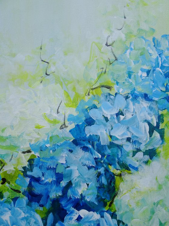 White and Blue Hydrangeas. Abstract Floral Garden Acrylic Original Painting on Canvas. (51x41cm) Modern Art