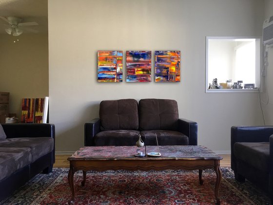 "Intermediary" - FREE USA SHIPPING - Original PMS Abstract Triptych Oil Paintings On Canvas - 48" x 20"