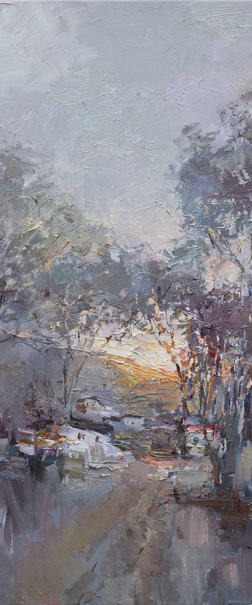 Village before sunset Original landscape painting by Anastasiia Valiulina