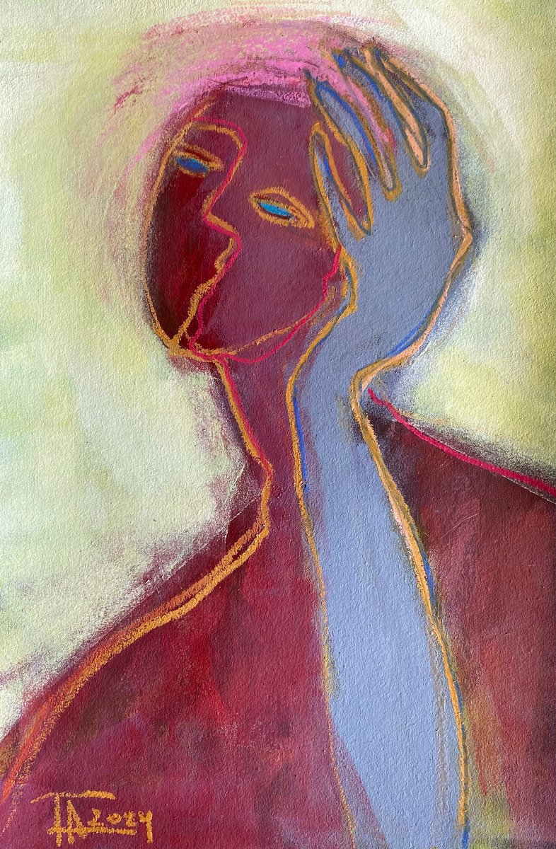 Expressive Portrait Pastel Drawing By Tatjana Auschew, 13 X 20", Girl With Blue Eyes., Original Artwork