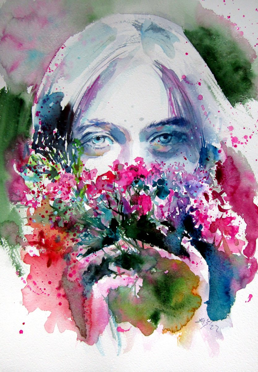 Impressionistic Watercolour , Beauty Girl With Flowers By Kovacs Anna Brigitta, 14 X 20, Artwork For Sale On Artfinder