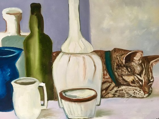 Sleeping beauty  Troy The Cat and Giorgio Morandi vases and bottles