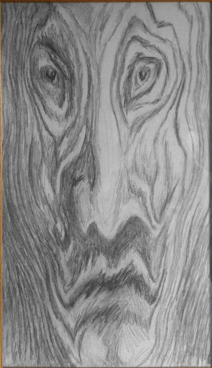 Surrealistic Portrait Pencil Drawing By Lia Chechelashvili, 15 X 25", Wooden Man, Original Artwork