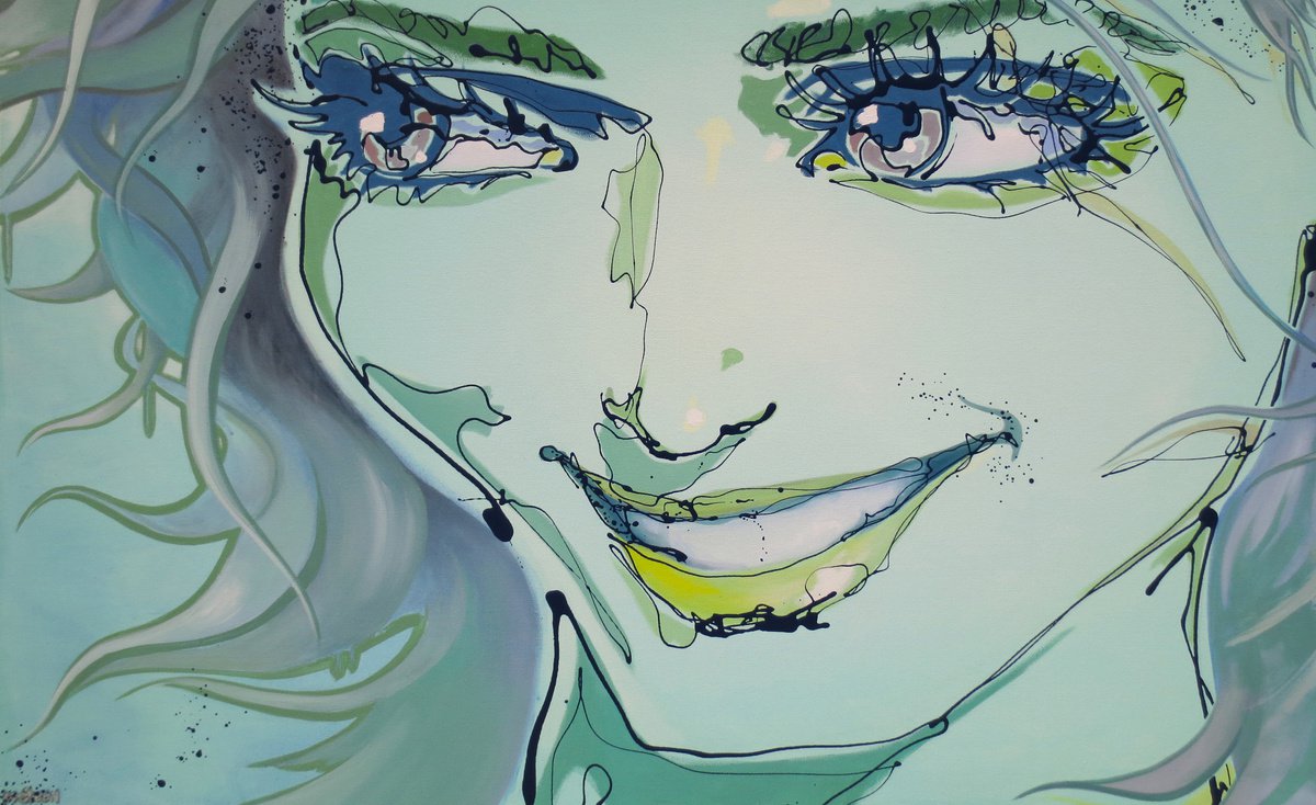 Beautiful soft green female face in pop art: Biadice by Monique van Steen