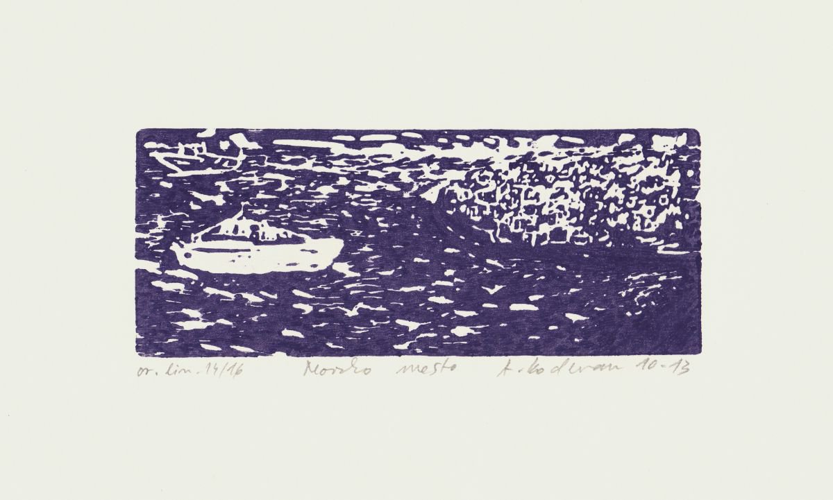 Morsko mesto / Sea Town, 2010-2013, linocut by Alenka Koderman