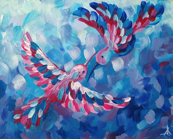 Lovers in flight - birds, hummingbirds, love, animals acrylic painting, art bird, impressionism, palette knife, gift.
