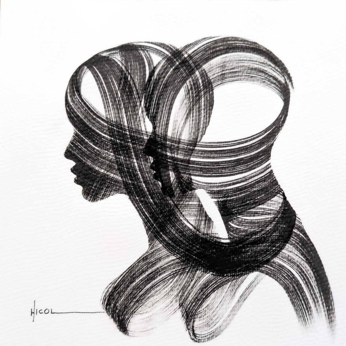 Expressive Portrait Ink Drawing By Nicol Vacaru, 8 X 8", Interwoven Selves, Original Artwork