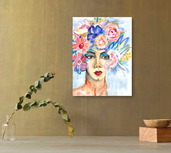 Flower Portrait 4, Floral Portrait Floral Head Woman Painting Modern Bouquet Wall Art