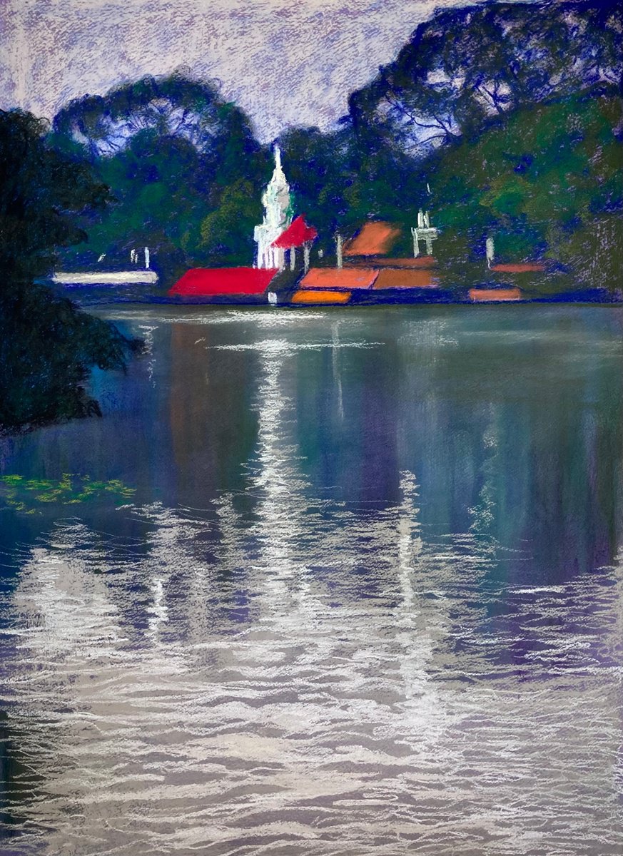Impressionistic Landscape Pastel Drawing By John Cottee, 22 X 30, River Temple, Original Artwork
