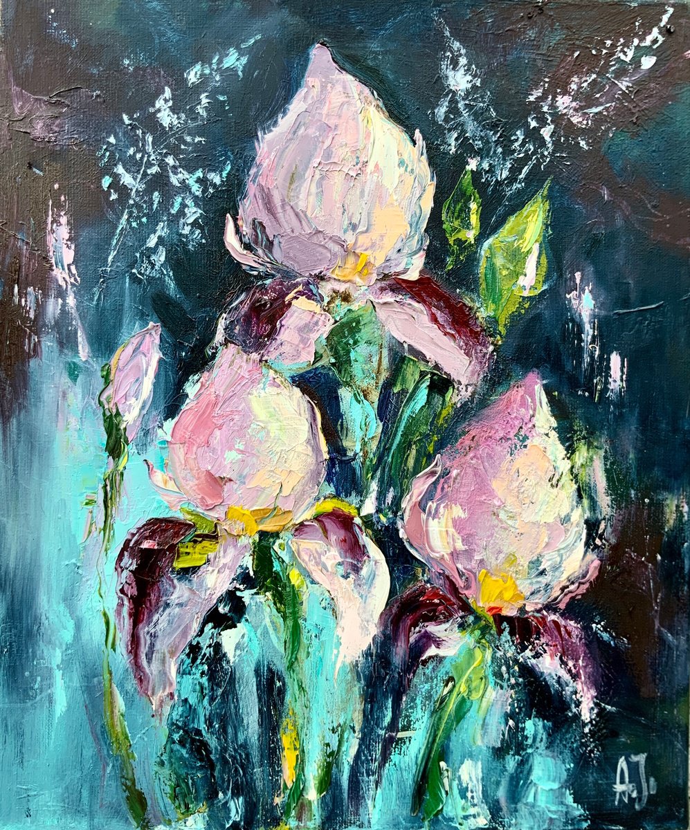 Impressionistic Botanical Oil Painting By Alexandra Jagoda (Ovcharenko), 15 X 18, Turquoise Glow, Original Artwork