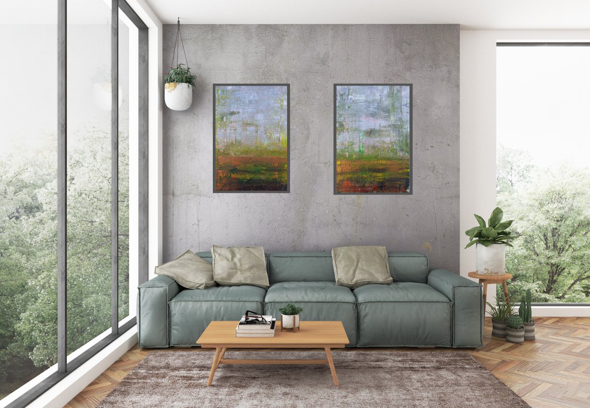Foggy mornings - ditptych abstract painting by Ivana Olbricht