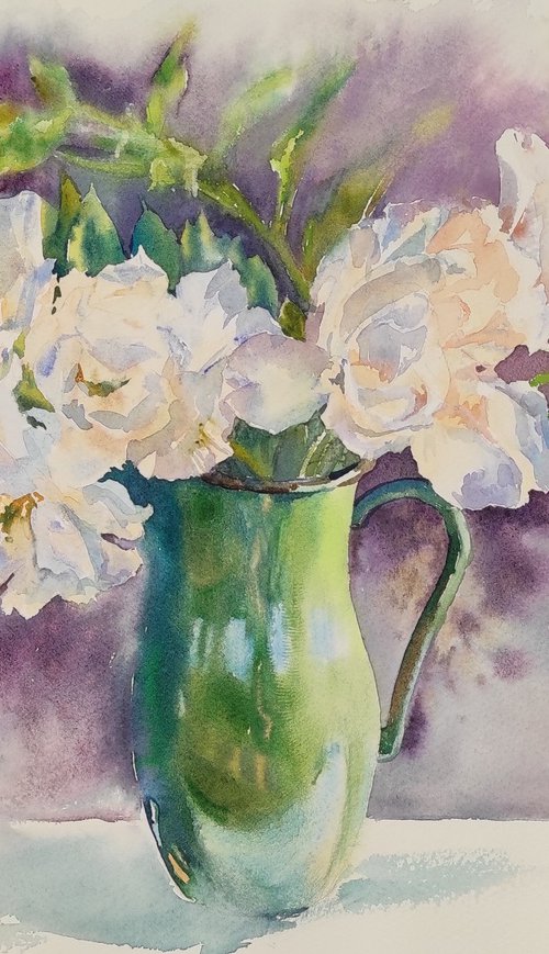 White peonies in a green vase by Tetiana Borys