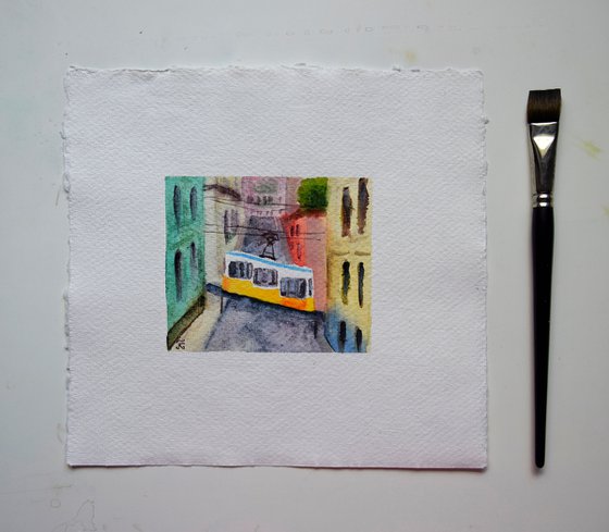 Lisbon small watercolor painting, yellow tram original painting, Portugal wall art