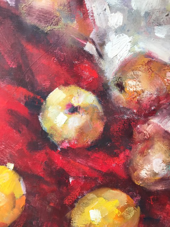 Ripe lemons on red silk.  Still life, gift, original, contemporary.