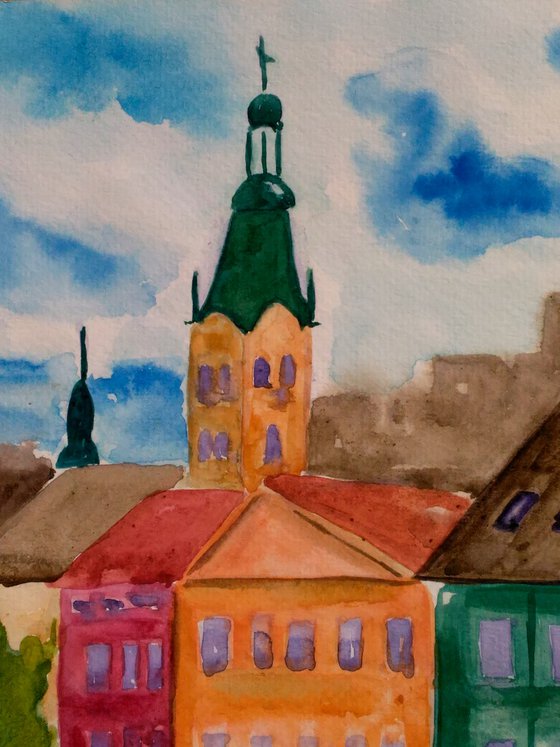 Lviv Painting Cityscape Original Art Roofs Watercolor Artwork Home Wall Art 10 by 14" by Halyna Kirichenko