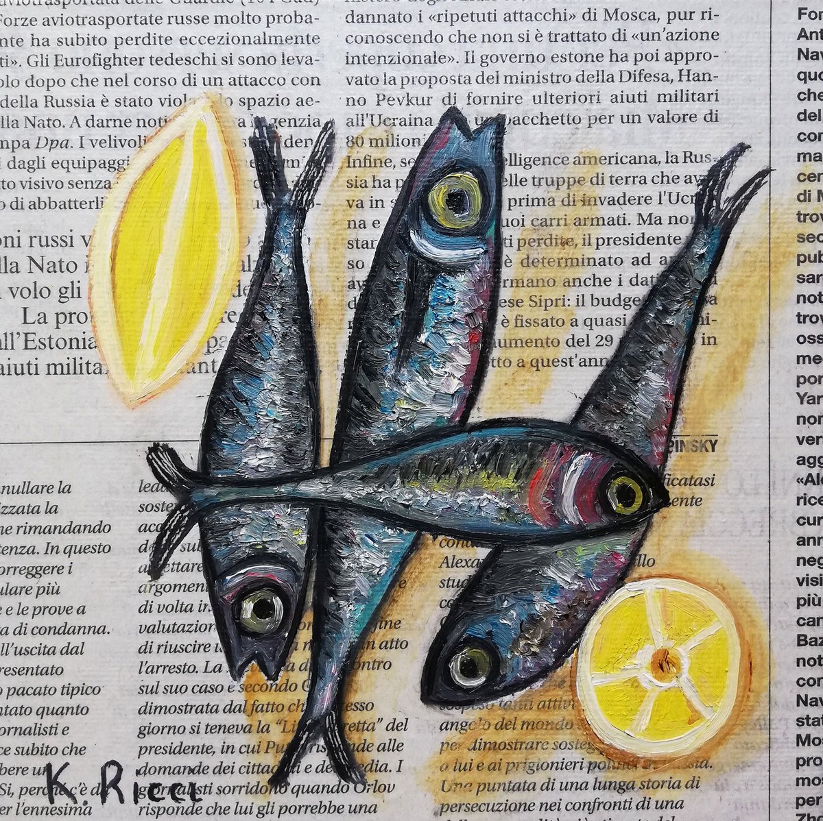 Fishes with Lemon on Newspaper by Katia Ricci