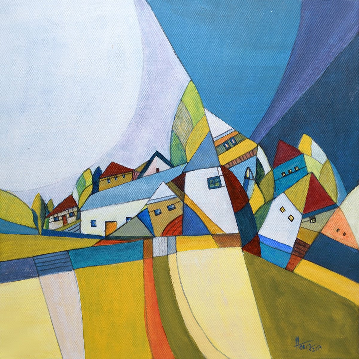 Geometric Landscape Acrylic Painting By Aniko Hencz, 16 X 16, Dawn, Original Artwork