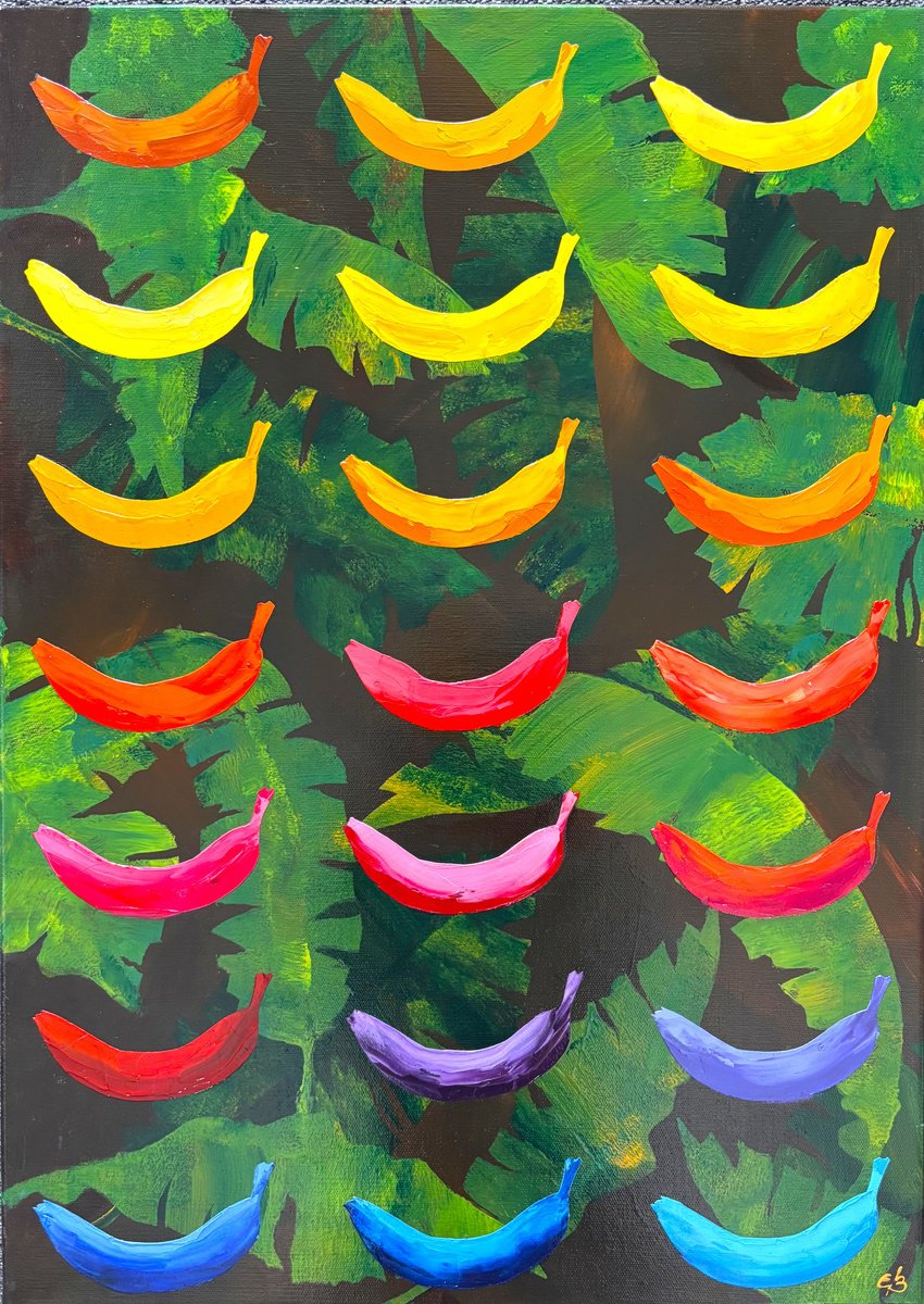Urban And Pop Botanical Oil Painting By Lena Smirnova, 20 X 27", Bananas Unlimited #2, Original Artwork