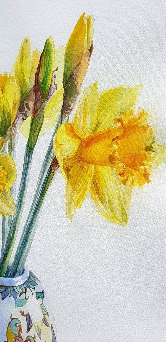 Golden Daffodils in a Chinoiserie Parrot Vase