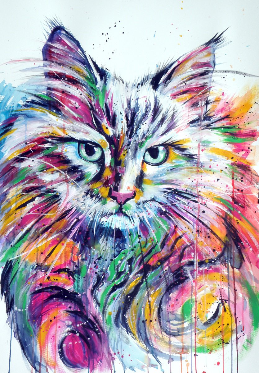 Impressionistic Animal Painting By Kovacs Anna Brigitta, 30 X 41", Colorful Cat, Original Artwork
