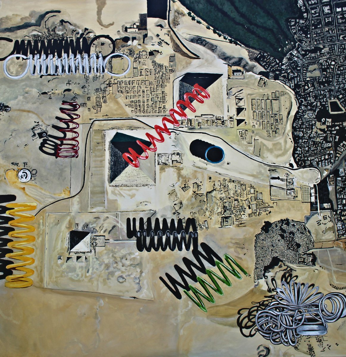 Photorealistic Cityscapes Oil Painting By Ken Vrana, 48 X 48", Arab Spring Ii, Original Artwork