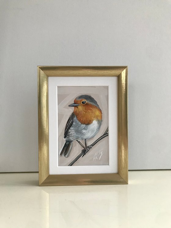 Robin bird Oil Painting golden framed 15x20cm