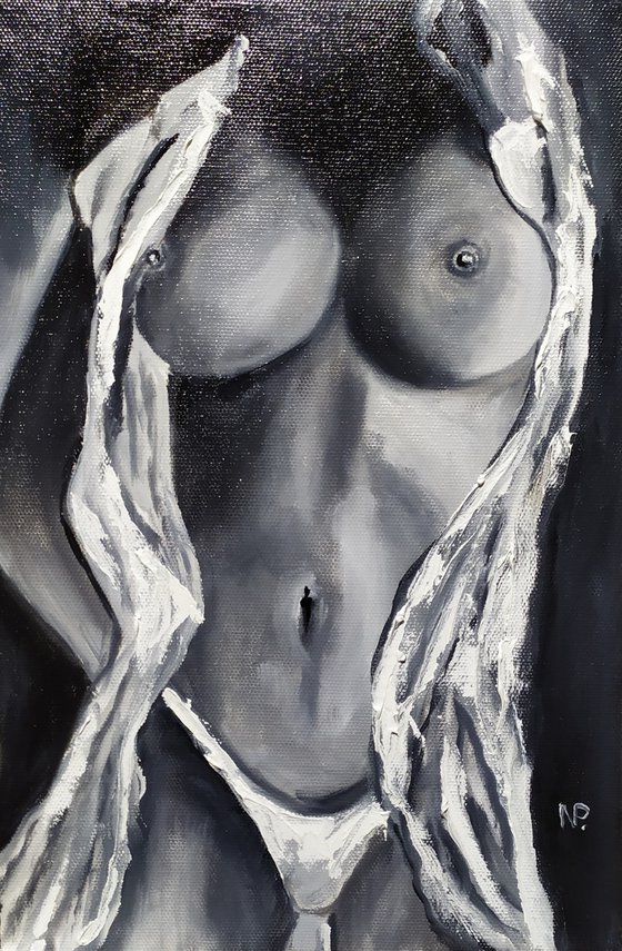 Hot girl, original erotic nude black and white oil painting, gift idea