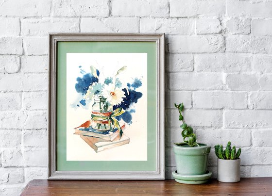 "White flowers on a blue background" - a jar of flowers stands on books modern still life watercolor sketch - series "Artist's Diary"