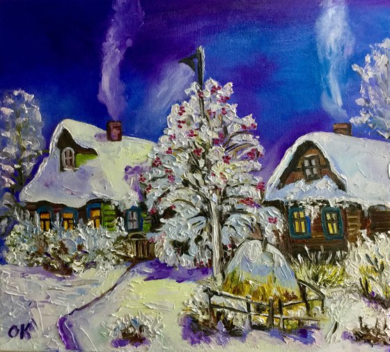 Winter evening, village landscape,  oil painting