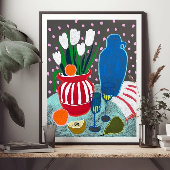Tulips, Fruit and a Blue Visitor
