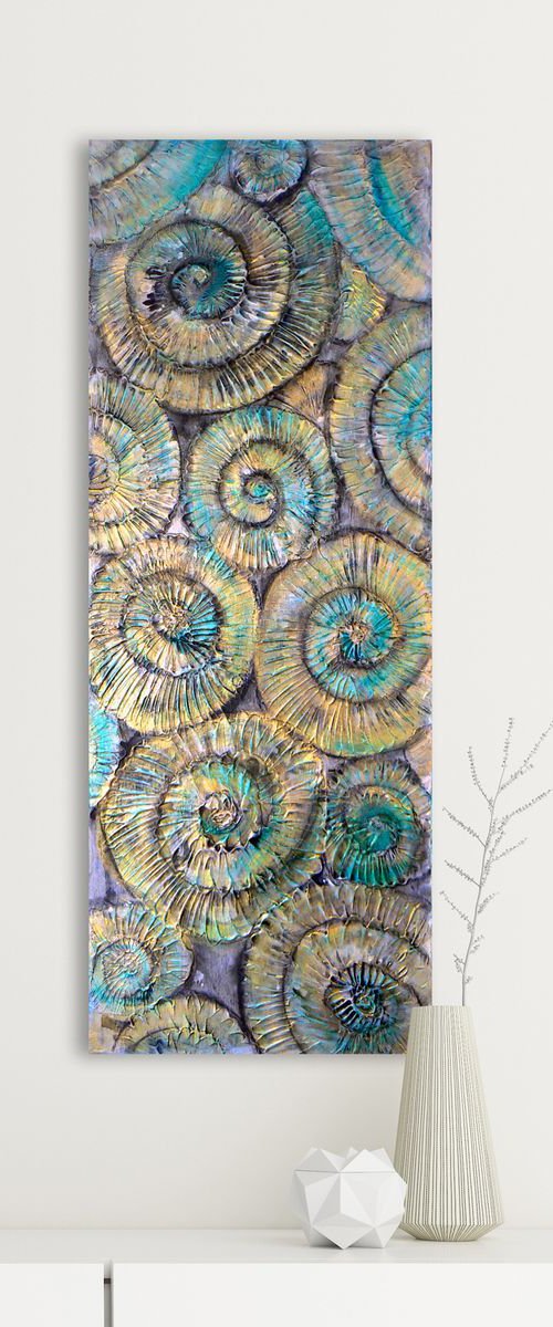 Golden Ammonites (textured fossil artwork, ready to hang) by Carolynne Coulson