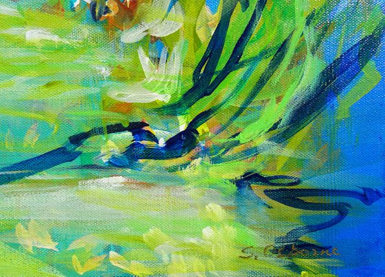 Abstract Forest Pond Painting II. Floral Garden. Abstract Tropical Flowers and Birds. Original Blue Green Teal Painting on Canvas Modern Art (2021)