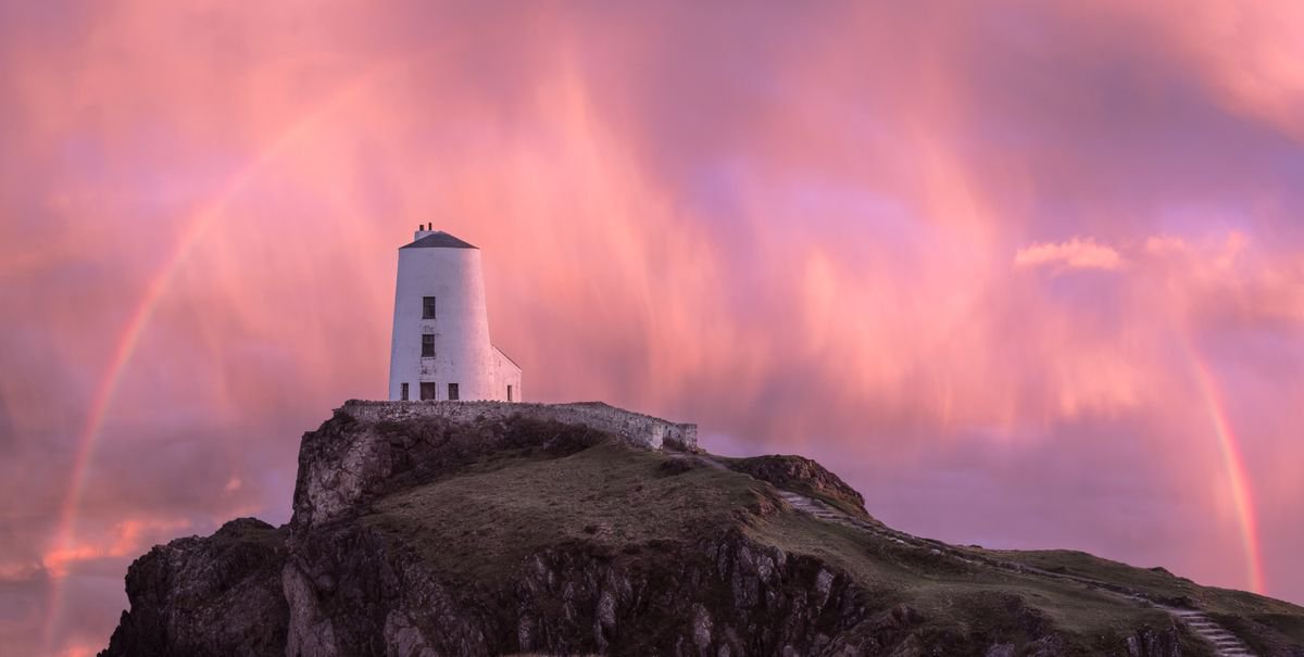 Photorealistic Landscape Photograph By Paul Nash, 24 X 10", Llanddwyn Lighthouse Sunset Rainbow, Original Artwork