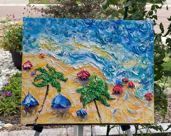 Beach Umbrellas Ocean Shore Aerial View  20" x 16" x 1.5"