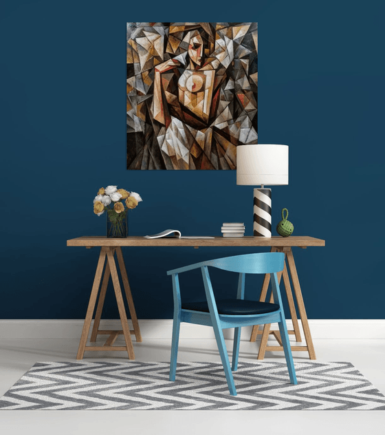 In front of the mirror (80x90cm, cubism, oil painting, ready to hang)