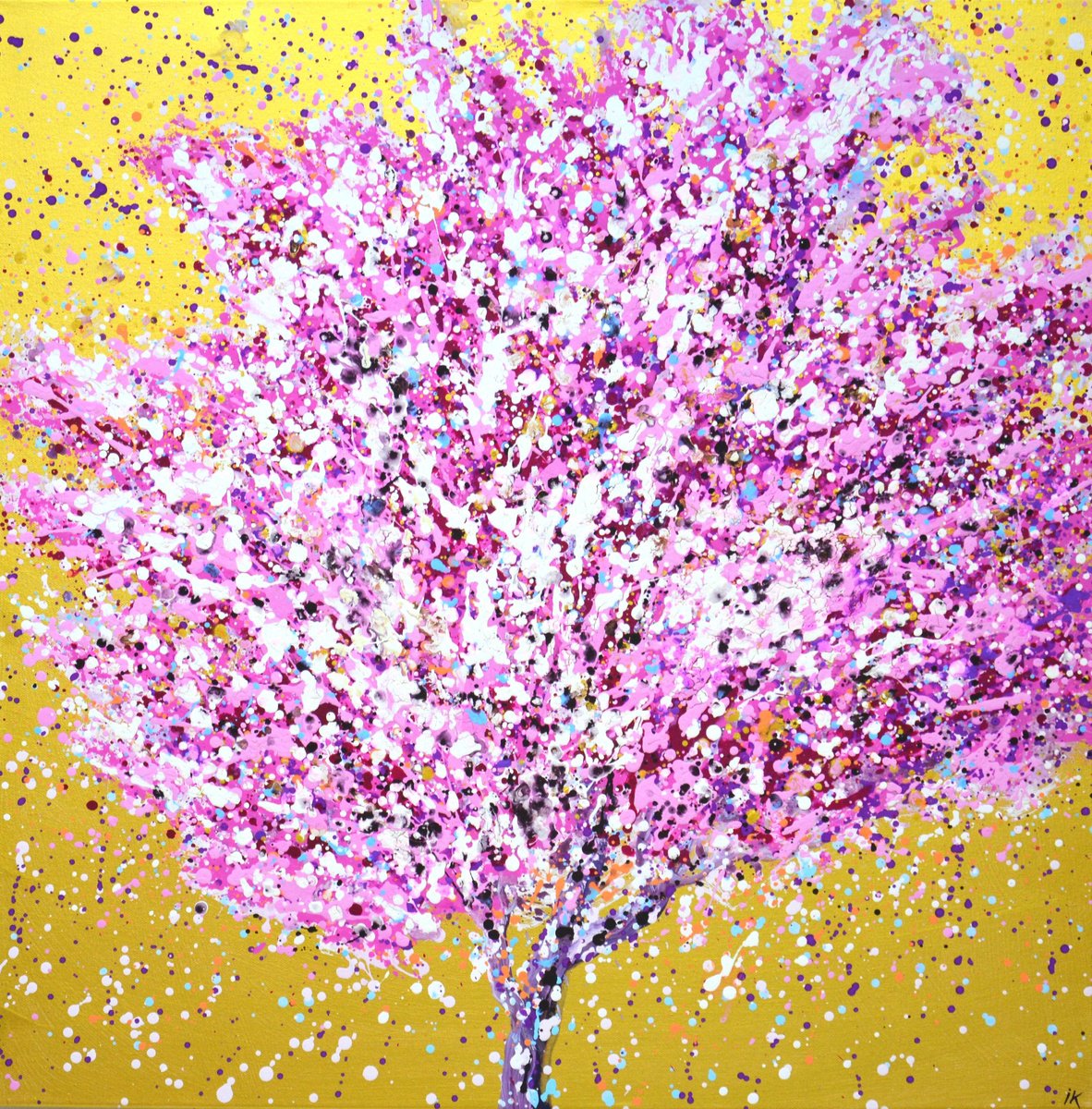 Expressive Botanical Acrylic Painting By Iryna Kastsova, 31 X 31, Sakura Cherry Blossoms 2., Original Artwork