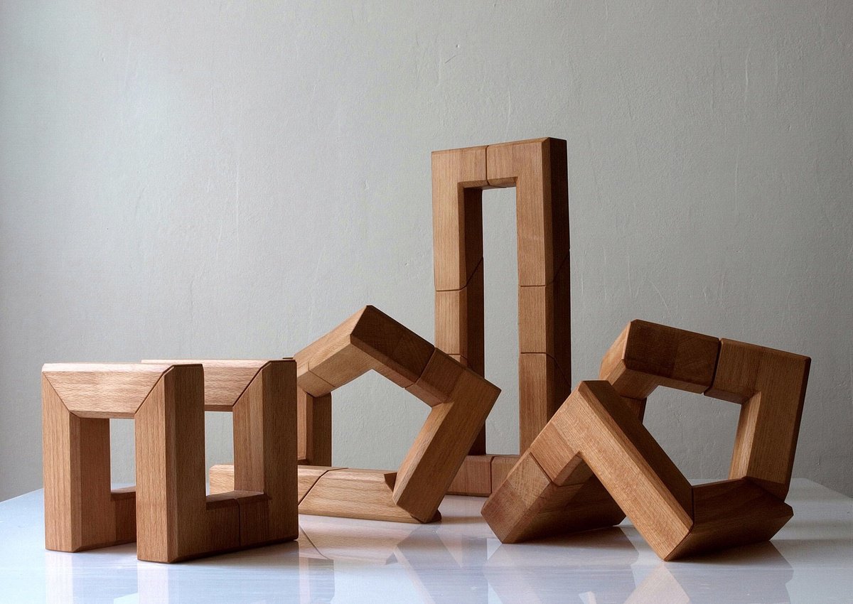 Geometric Abstract Wood Sculpture By Nikolaus Weiler, 12 X 5", Cubimove, Original Artwork