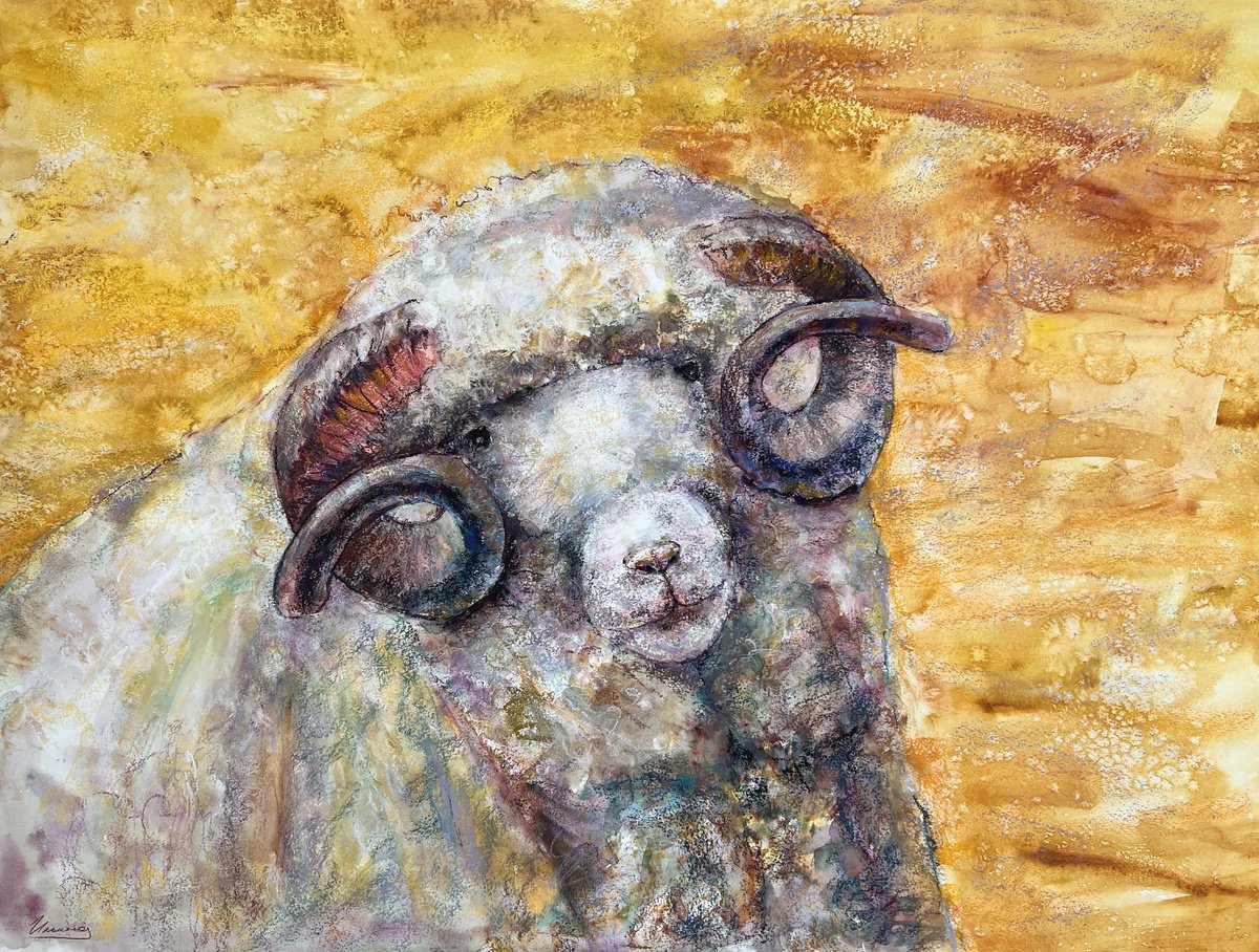 SHEEP- Pastel and watercolor drawing on paper, original gift, home interior, yellow color by Tatsiana Ilyina