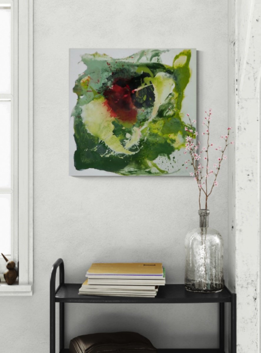 Abstract Acrylic Painting By Christa Haack, 25 X 25, Green Magic Of Power 8, Original Artwork