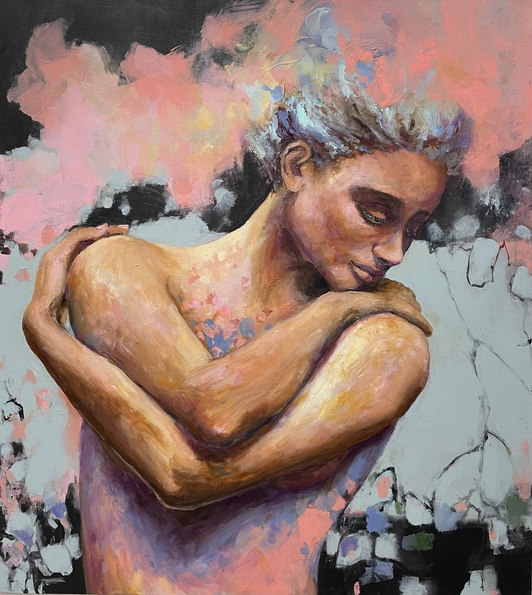 Expressive Portrait Acrylic Painting By Miri Baruch, 35 X 39", Whole Again, Original Artwork