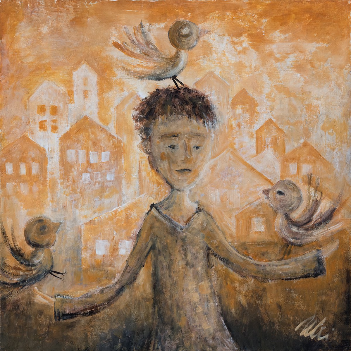 Naive Portrait Acrylic Painting By Peter Zelei, 24 X 24", St. Francis Of Assisi With Birds, Original Artwork
