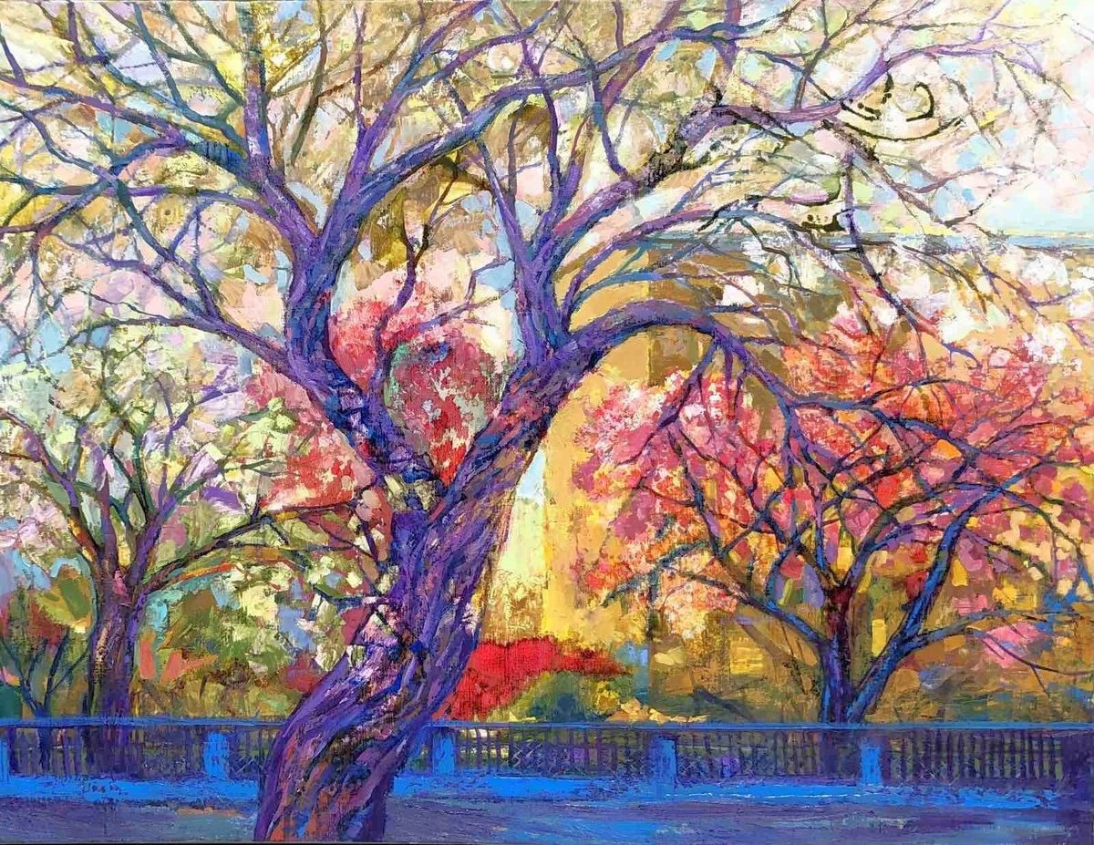 Impressionistic Cityscapes Oil Painting By Olena Kondratiuk, 39 X 30", Spring On The Embankment, Original Artwork