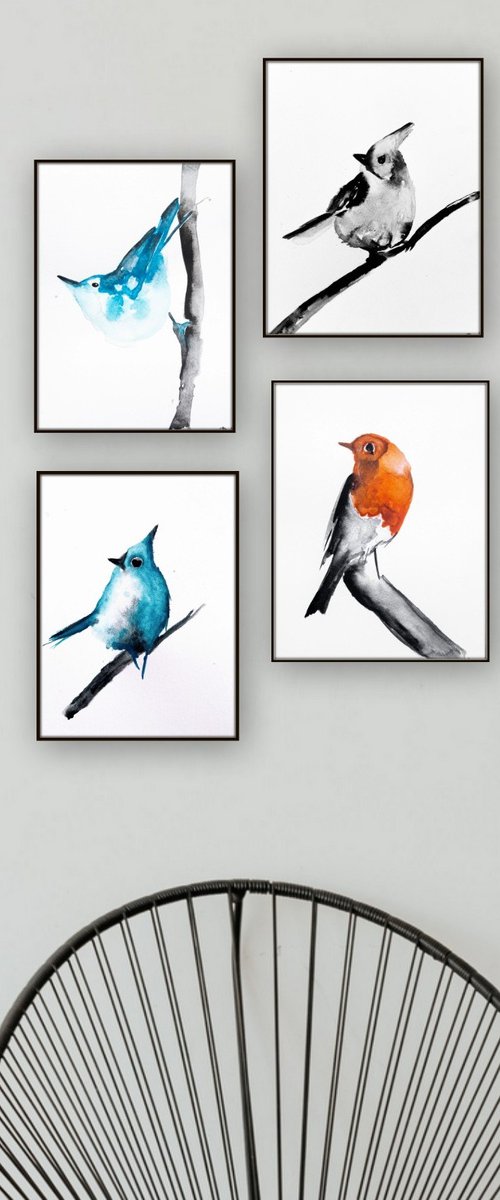 Set of 4 Bird paintings. by Nadia Moniatis