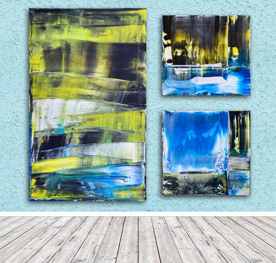 "Locals Only" - Save As A Series - Original PMS Abstract Acrylic Painting Triptych On Gallery Wrap Canvas and Recycled Wooden Desk Panels - 63" x 60"