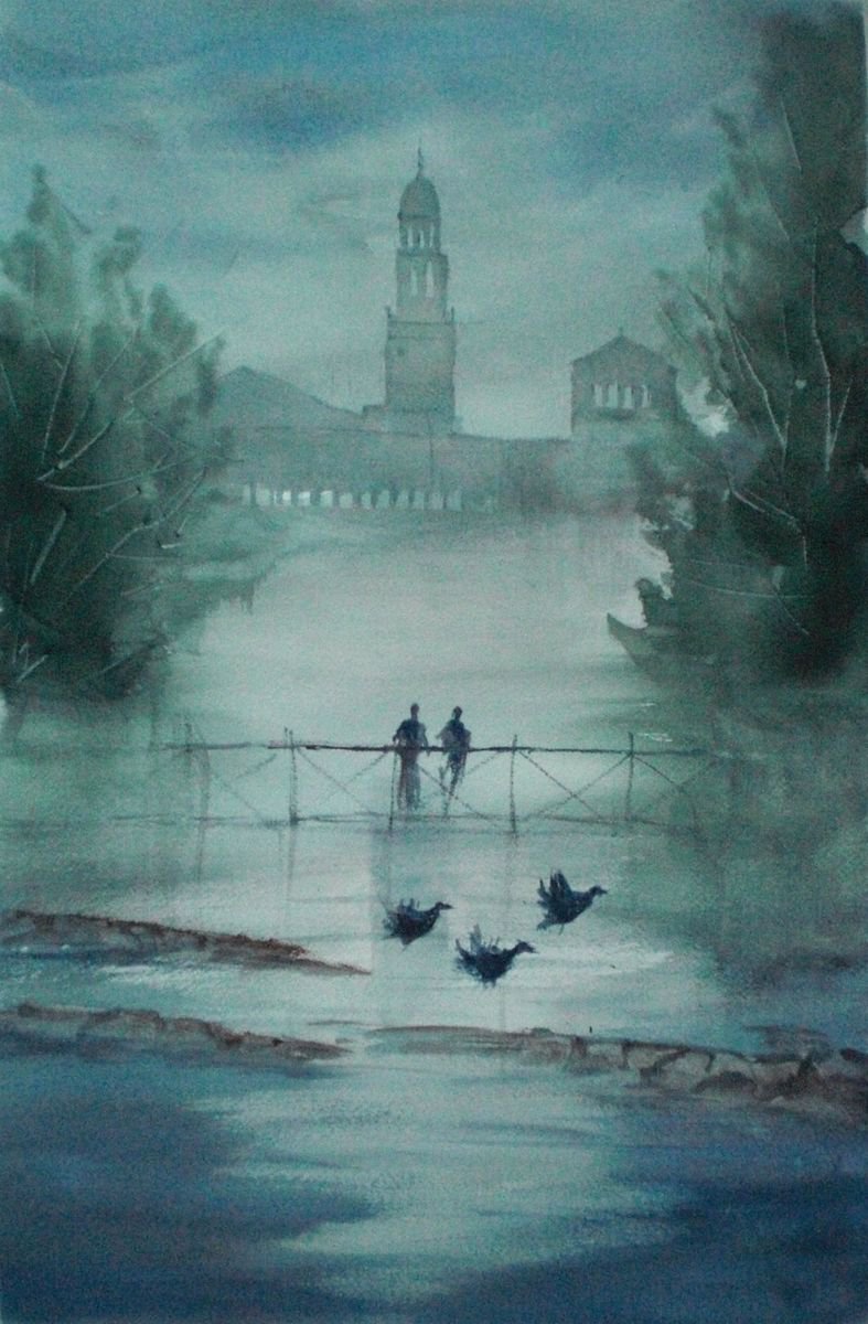 Expressive Landscape Watercolour By Giorgio Gosti, 13 X 21, In The Mist, Original Artwork