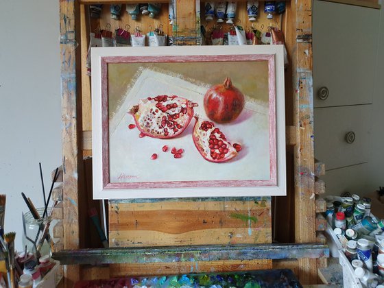 "Trio."  pomegranate still life  liGHt original painting  GIFT (2020)