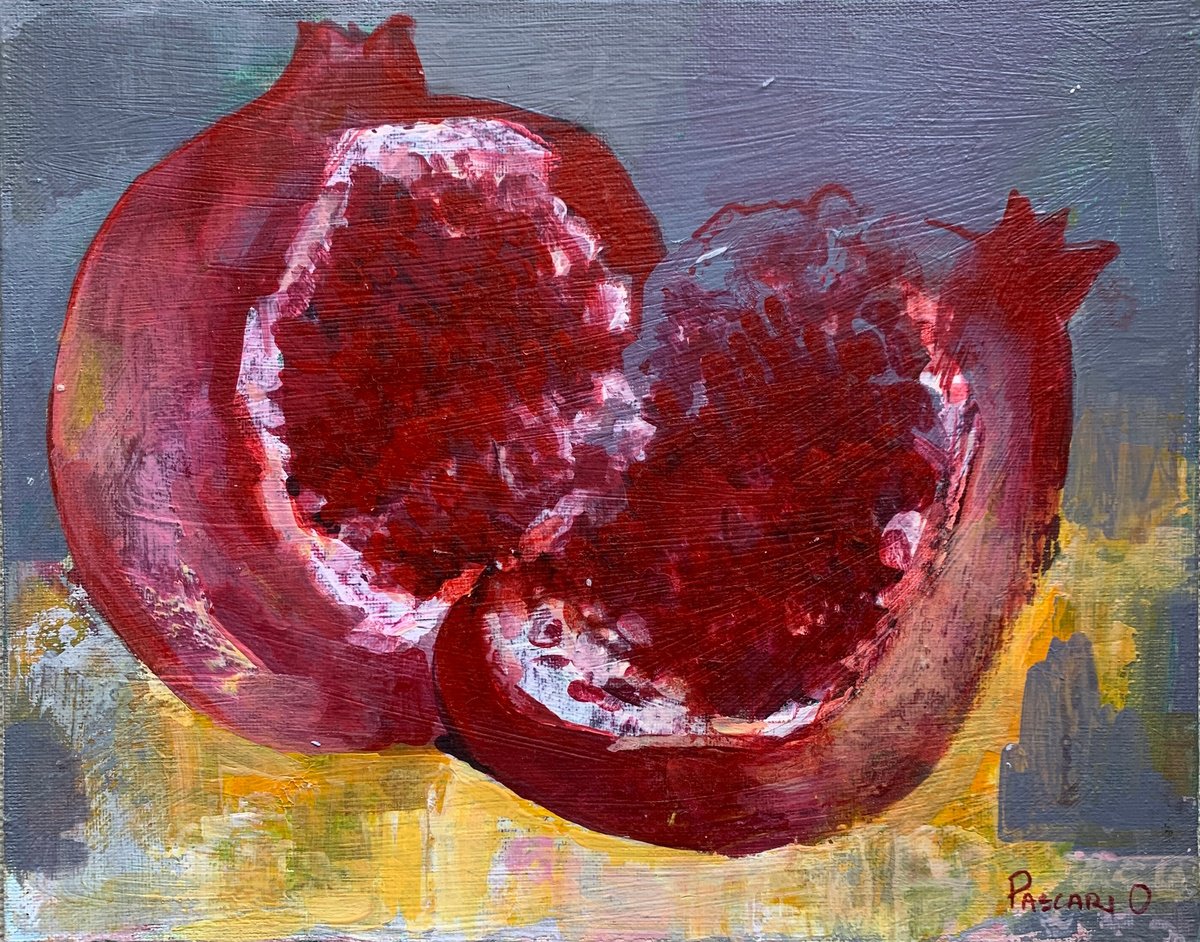 Impressionistic Still Life Acrylic Painting By Olga Pascari, 12 X 9", Pomegranate Still Life, Original Artwork